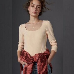 Anthropologie Ribbed Square Neck Sweater Top Womens Size Small Peach BohoNEW NWT